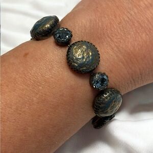 Vintage Regency Antique Silver Tone Faux Pearl & Crystal Bracelet 7-1/4”